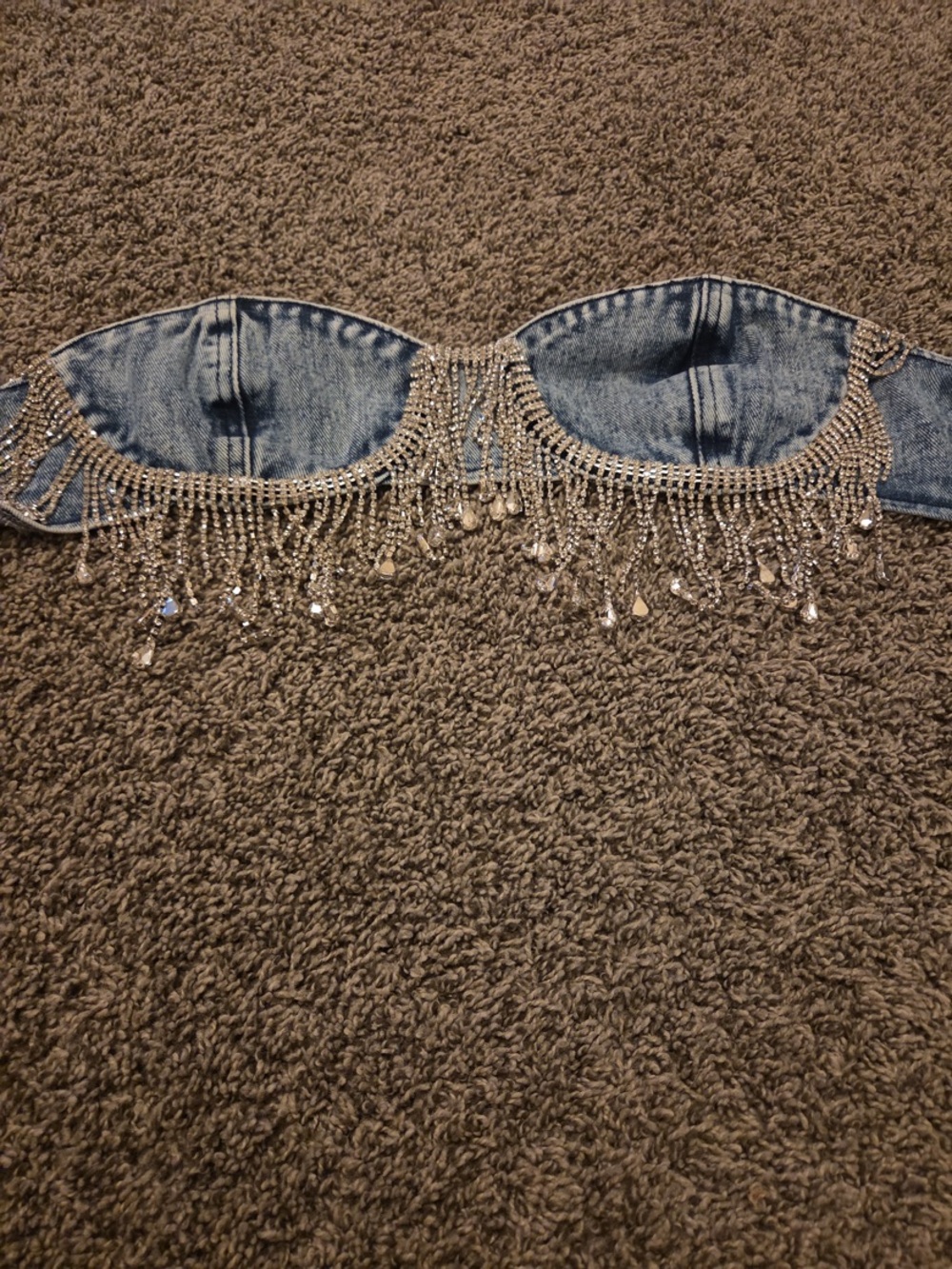 Nasty Gal Light Blue Denim Crystal Fringe Strapless Bandeau